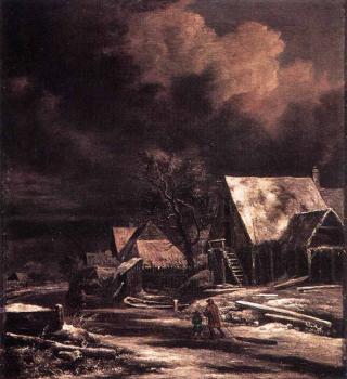 Jacob Van Ruisdael : Village At Winter At Moonlight
